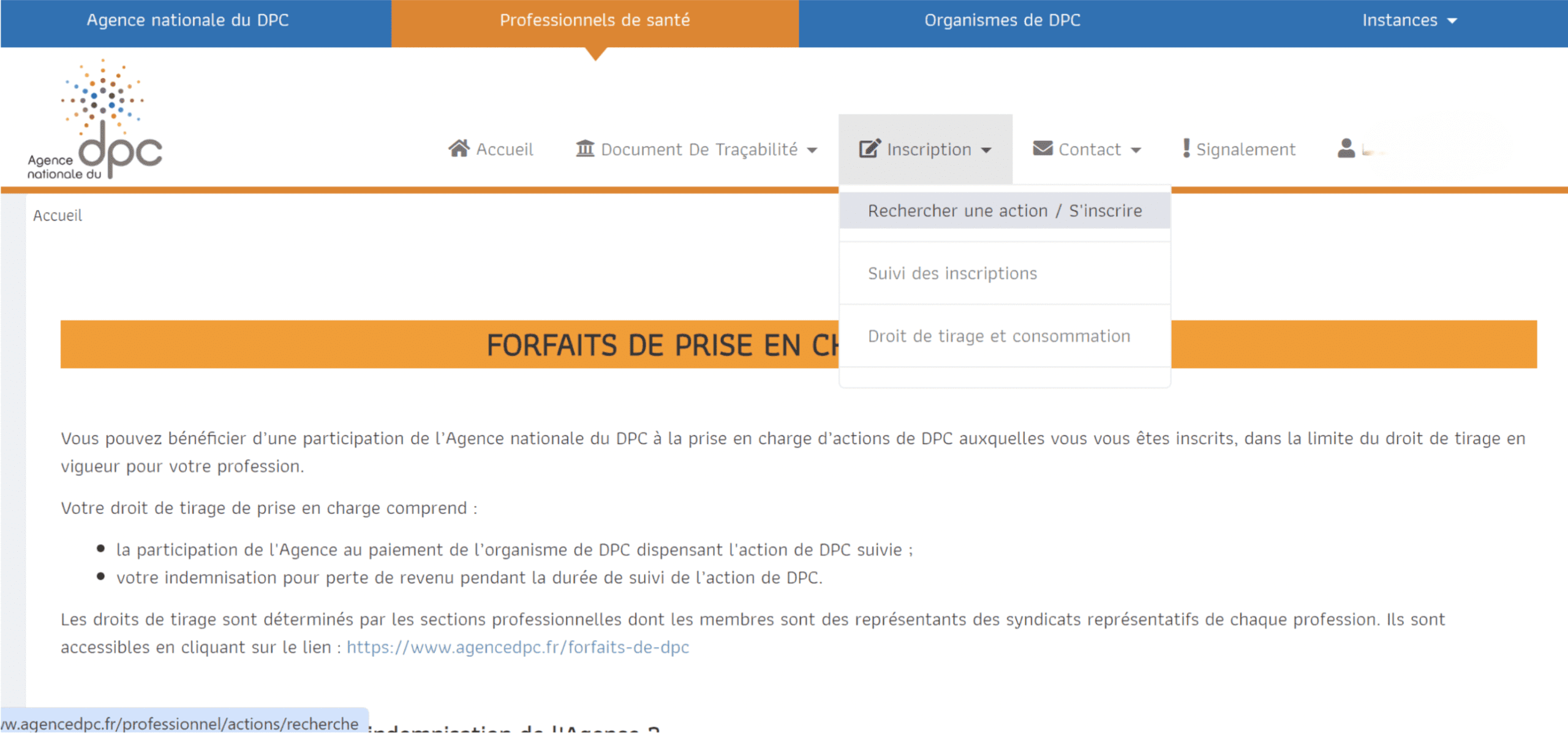 Inscription DPC étape 1 — capture d'écran du compte mondpc.fr