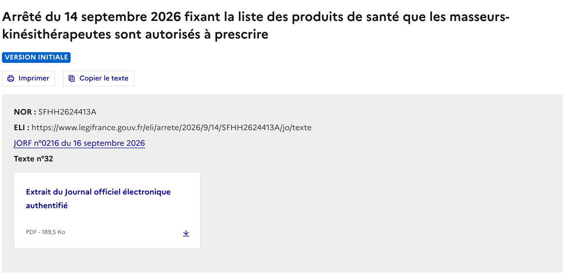 Capture de la page Légifrance de l'arrêté du 14 septembre 2026 : titre, mention « version initiale », NOR SFHH2624413A, JORF n° 0216 du 16 septembre 2026, texte n° 32