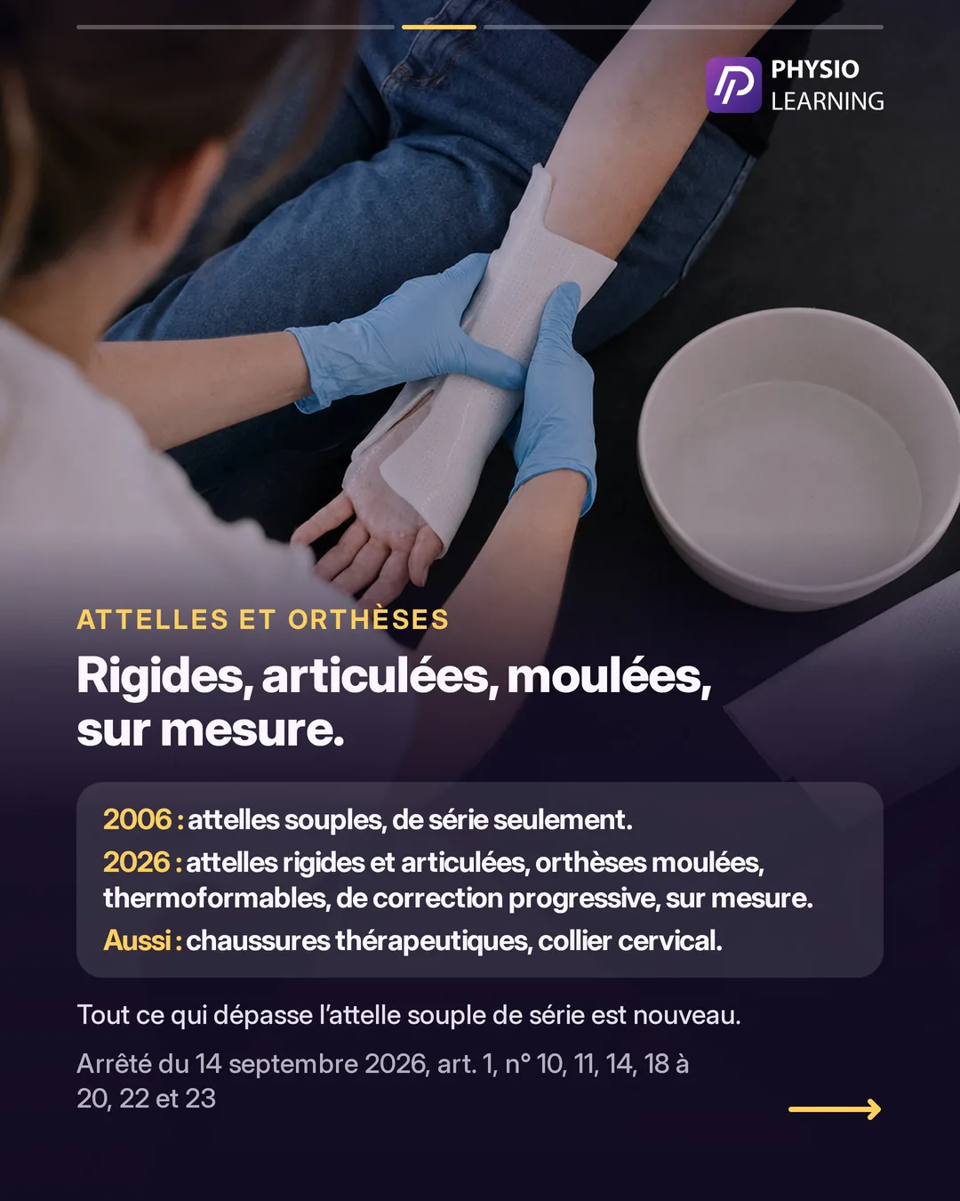 Attelles et orthèses : rigides, articulées, moulées, sur mesure. 2006 : attelles souples de série seulement. 2026 : attelles rigides et articulées, orthèses moulées, thermoformables, de correction progressive, sur mesure ; aussi chaussures thérapeutiques et collier cervical de repos. Tout ce qui dépasse l’attelle souple de série est nouveau. Photo en fond : des mains moulent une orthèse thermoformable sur un poignet.