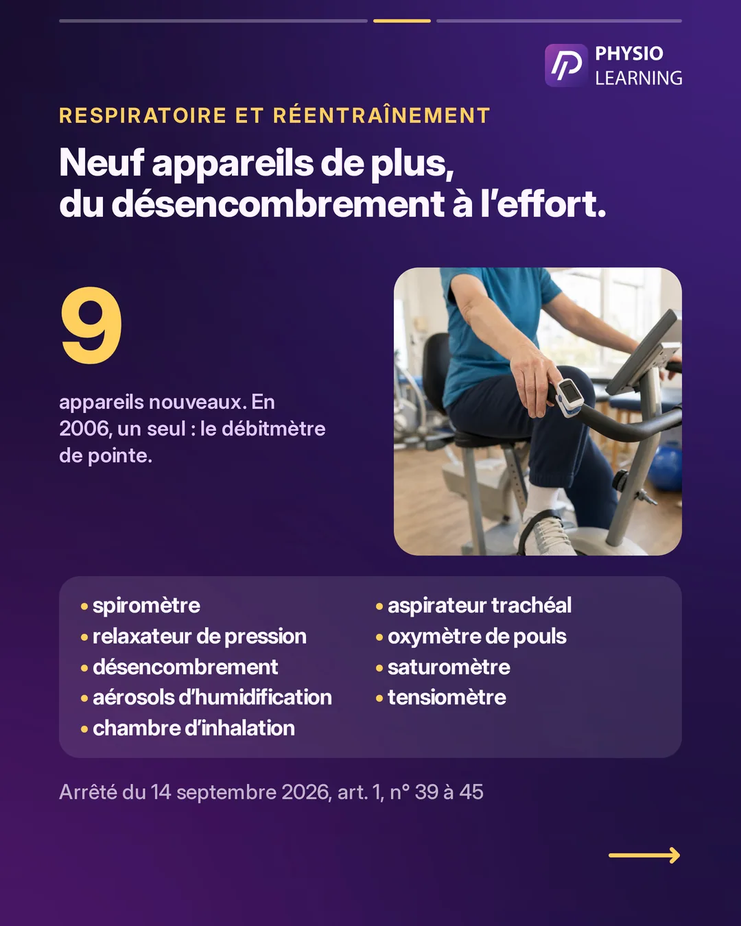 Respiratoire et réentraînement : neuf appareils de plus, du désencombrement à l’effort. Spiromètre, relaxateur de pression, désencombrement (« dispositif mécanique de nettoyage et de restauration des voies respiratoires »), aérosols d’humidification, chambre d’inhalation, aspirateur trachéal, oxymètre de pouls, saturomètre, tensiomètre. En 2006, un seul appareil : le débitmètre de pointe. Photo : un oxymètre au doigt d’un patient sur un vélo de rééducation.