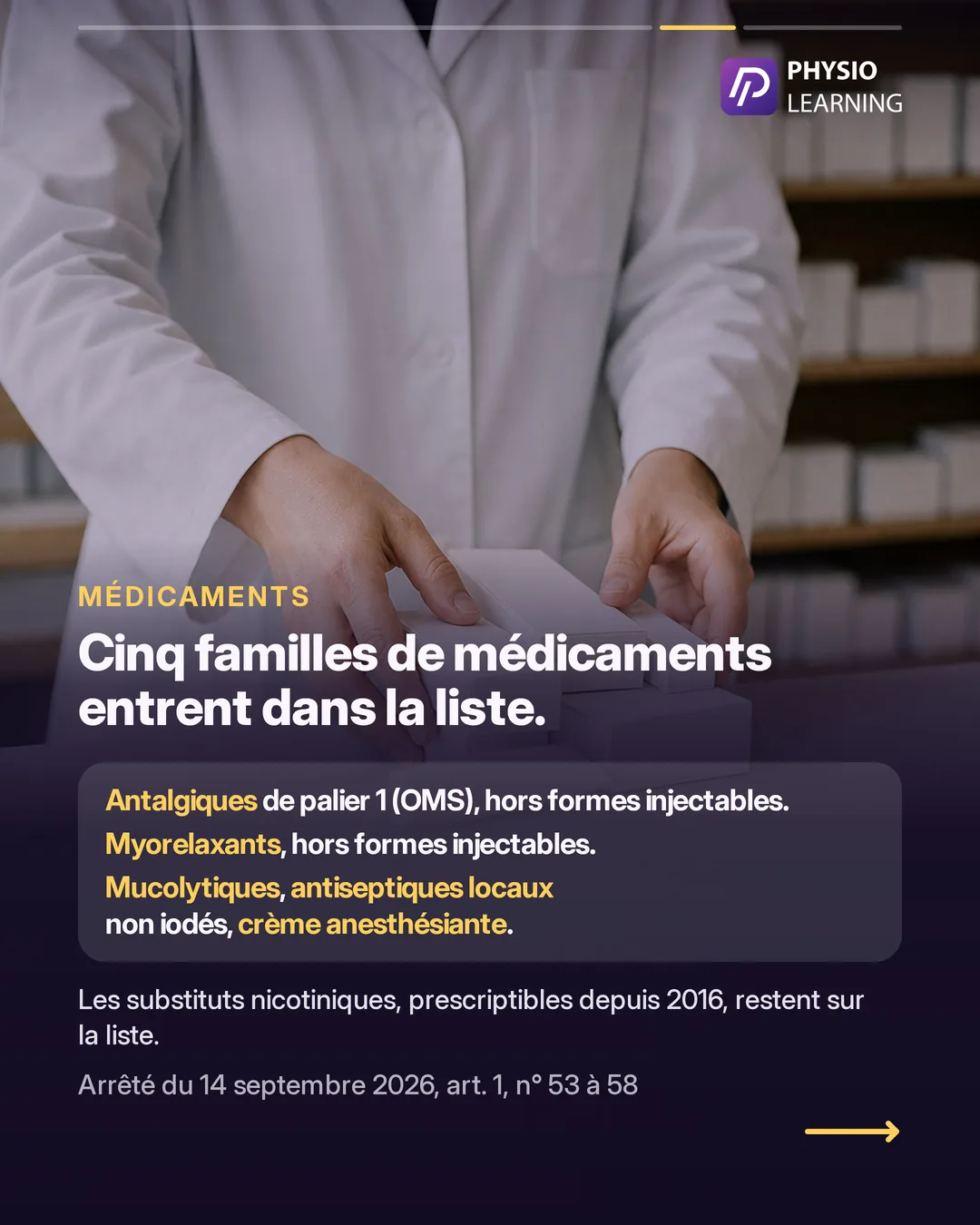 Médicaments : cinq familles entrent dans la liste. Antalgiques de palier 1 (OMS) hors formes injectables, myorelaxants hors formes injectables, mucolytiques, antiseptiques locaux non iodés, crème anesthésiante. Les substituts nicotiniques, prescriptibles depuis 2016, restent sur la liste. Photo en fond : un comptoir de pharmacie, des boîtes blanches sans marque.
