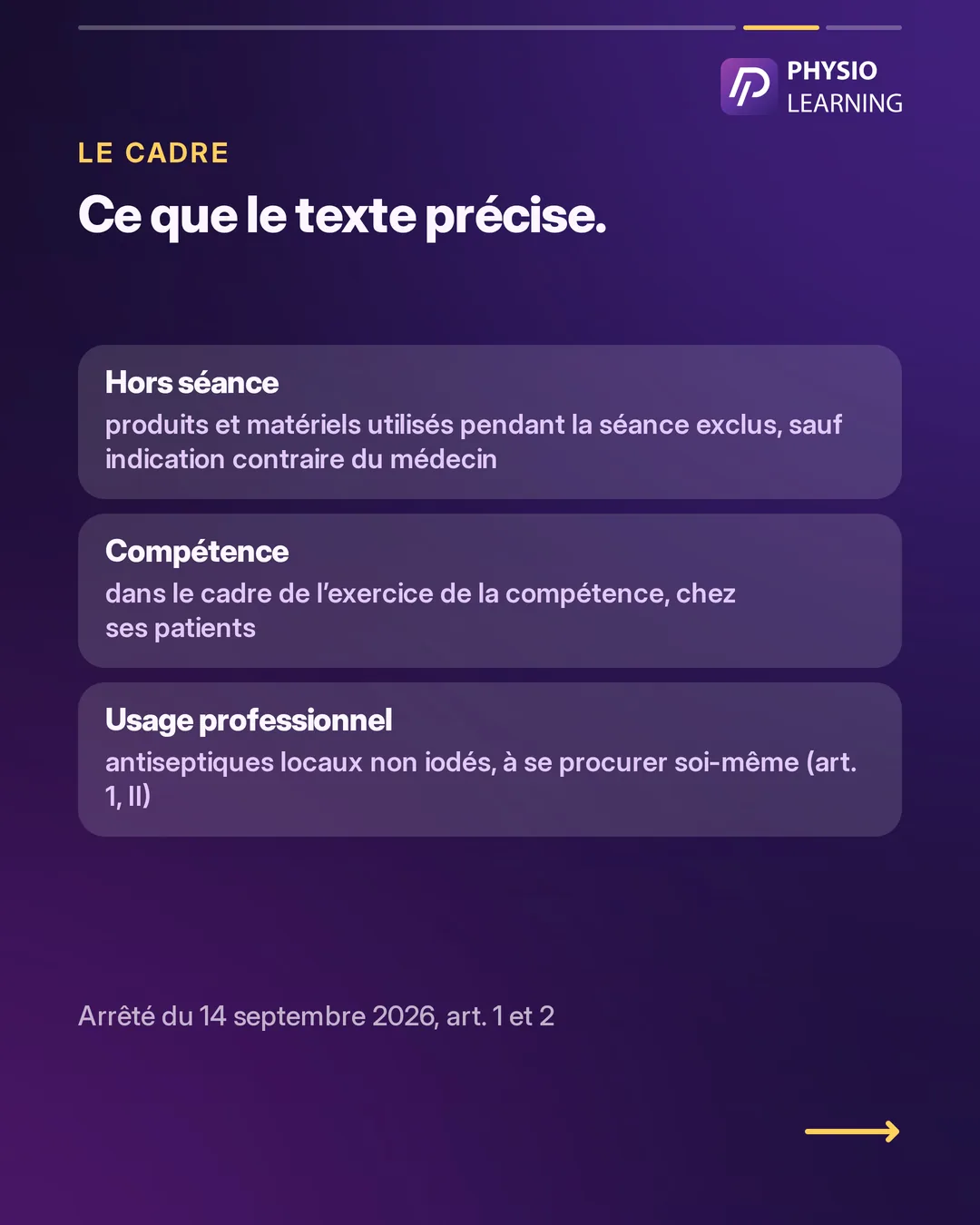 Le cadre, ce que le texte précise : hors séance, les produits et matériels utilisés pendant la séance sont exclus, sauf indication contraire du médecin ; dans le cadre de l’exercice de la compétence, chez ses patients ; usage professionnel, les antiseptiques locaux non iodés que le kiné peut se procurer (art. 1, II).